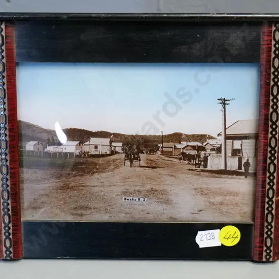 hand-coloured photo of Owaka in vintage frame with convex glass H-160 W-190