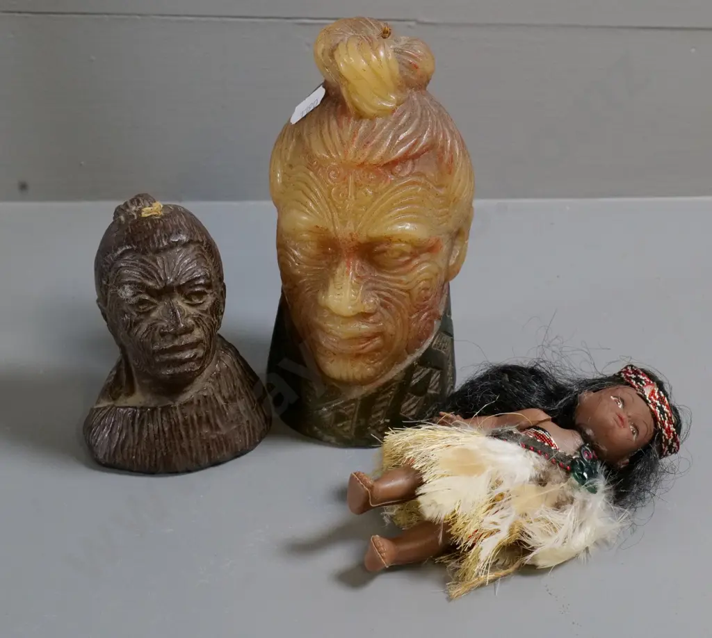 Maori themed souvenir items - 2 candles and a small doll, larger candle is H-150 Image 1++