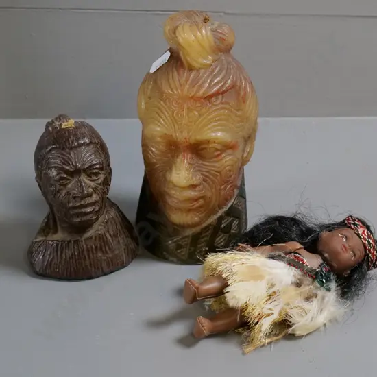 Maori themed souvenir items - 2 candles and a small doll, larger candle is H-150