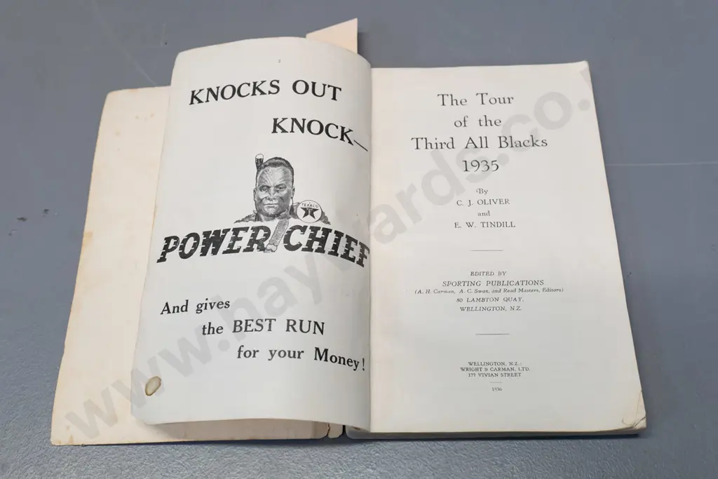 soft cover book: Tour of the All Blacks 1935 - CJ Oliver & EW Tindill - wear & tear, cover separated Image 1++