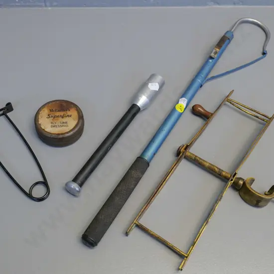 fly fishing items - collapsible gaff, fish club, brass line winder, etc.