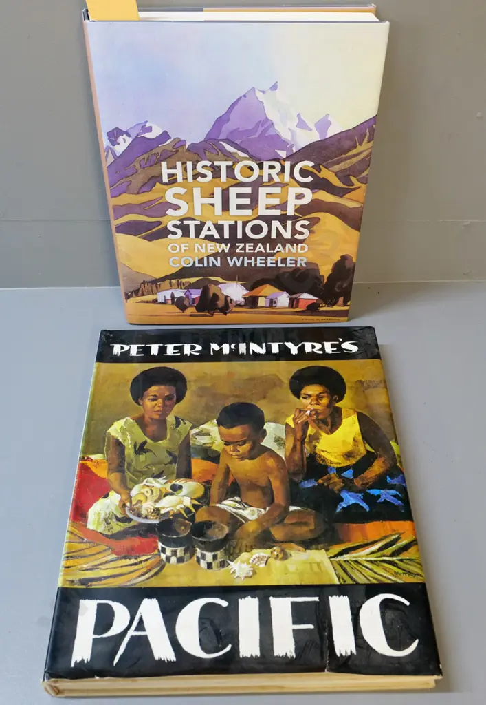2 books - signed copy of Peter McIntyre's Pacific (tear to dust jacket) & Colin Wheeler's Historic Sheep Stations of NZ Image 1++