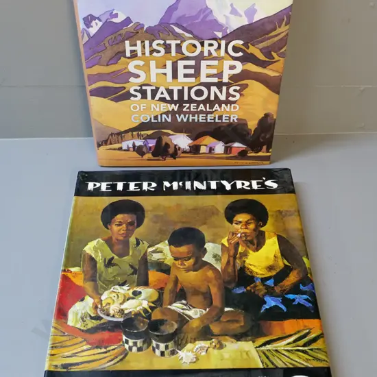 2 books - signed copy of Peter McIntyre's Pacific (tear to dust jacket) & Colin Wheeler's Historic Sheep Stations of NZ
