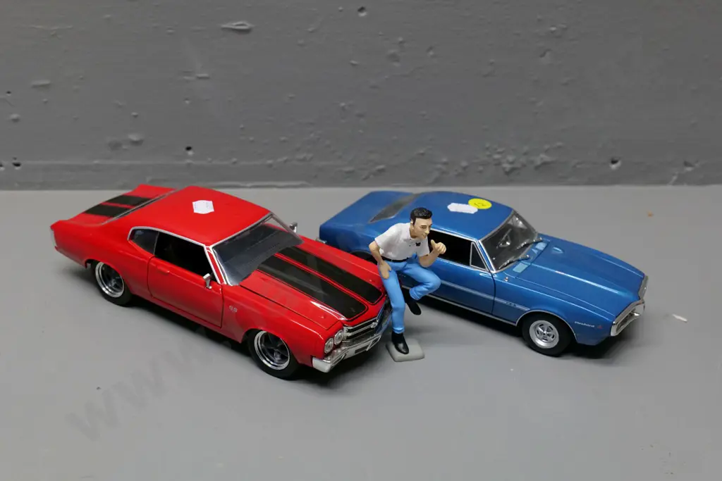 2 die-cast model cars - 1:24 Welly Pontiac Firebird, 1:24 Jada Chevy Chevelle Image 1++