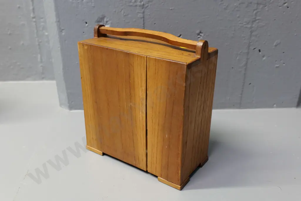 Japanese miniature chest with sliding window, inlaid designs H-170 W-170 D-90 and a small souvenir Maori doll Image 1++