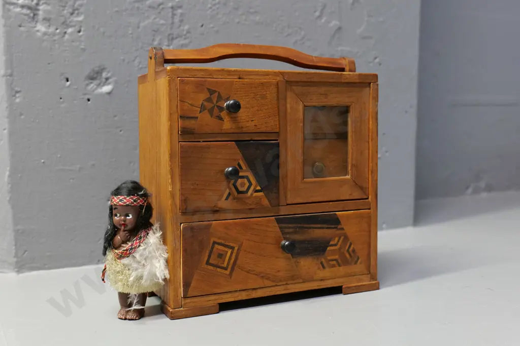 Japanese miniature chest with sliding window, inlaid designs H-170 W-170 D-90 and a small souvenir Maori doll Image 1++