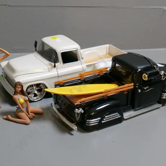 2 1:24 Jada die-cast model trucks - Chevy pickups, with surf board and 2 figurines