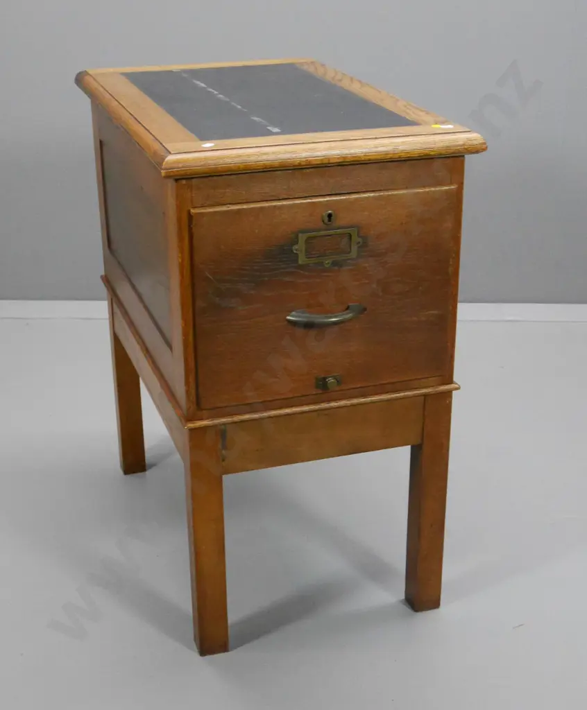 vintage oak single file filing cabinet on separate base, vinyl inset top, original handle, label holder H800 W460 D730 Image 1++