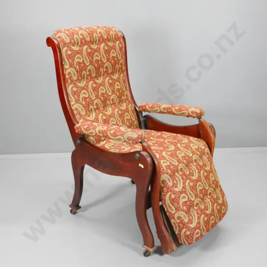 vintage mahogany framed recliner chair on casters covered in paisley damask - some scratches to legs H1180 W640 D820