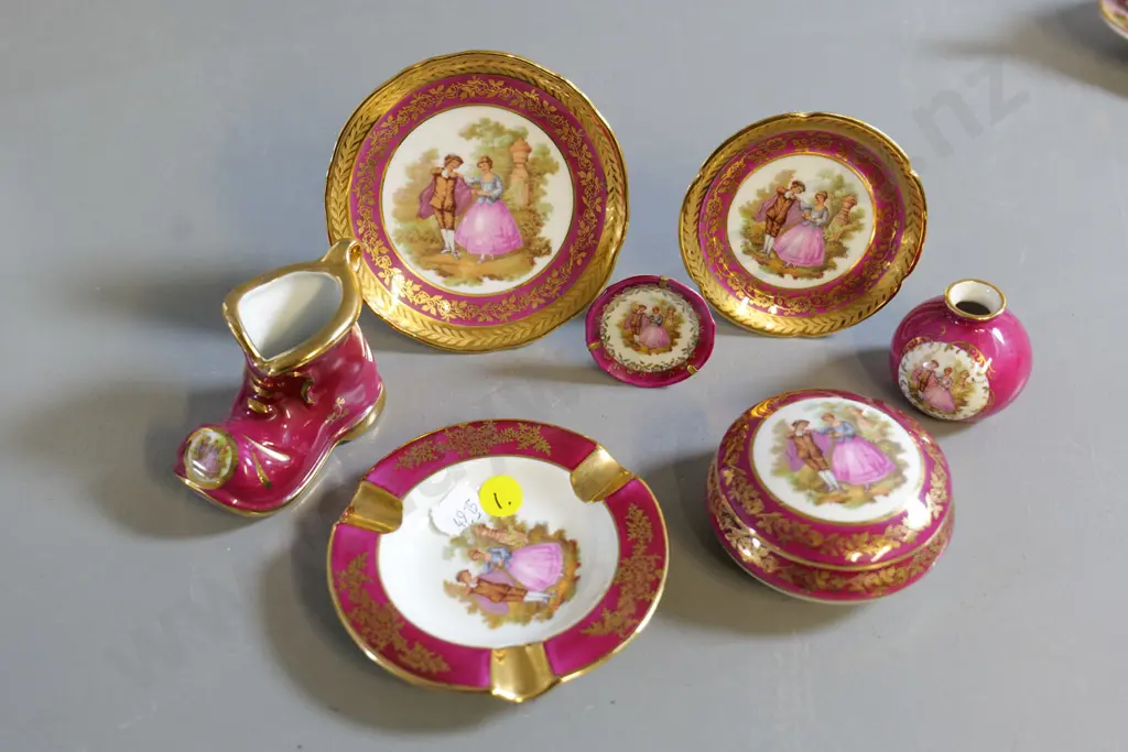 7 small pieces of Limoges burgundy & gold w/classical motif - larger plate is D-110 Image 1++