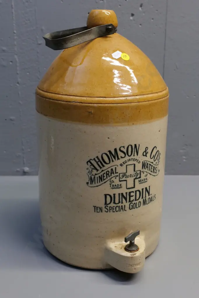 2-Gallon Thomson & Co Dunedin narrow-mouth crock with metal spigot and handle H430 D-230 Image 1++