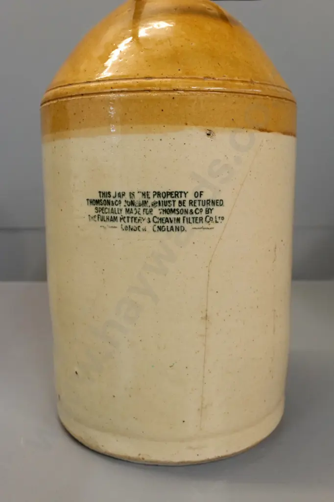 2-Gallon Thomson & Co Dunedin narrow-mouth crock with metal spigot and handle H430 D-230 Image 1++