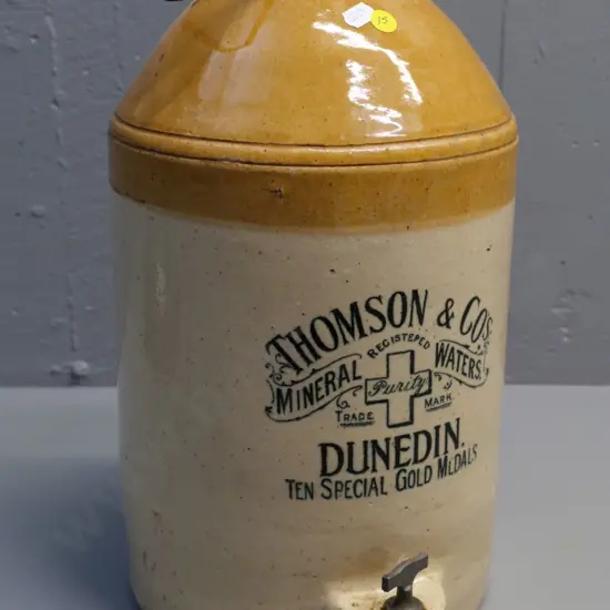 2-Gallon Thomson & Co Dunedin narrow-mouth crock with metal spigot and handle H430 D-230