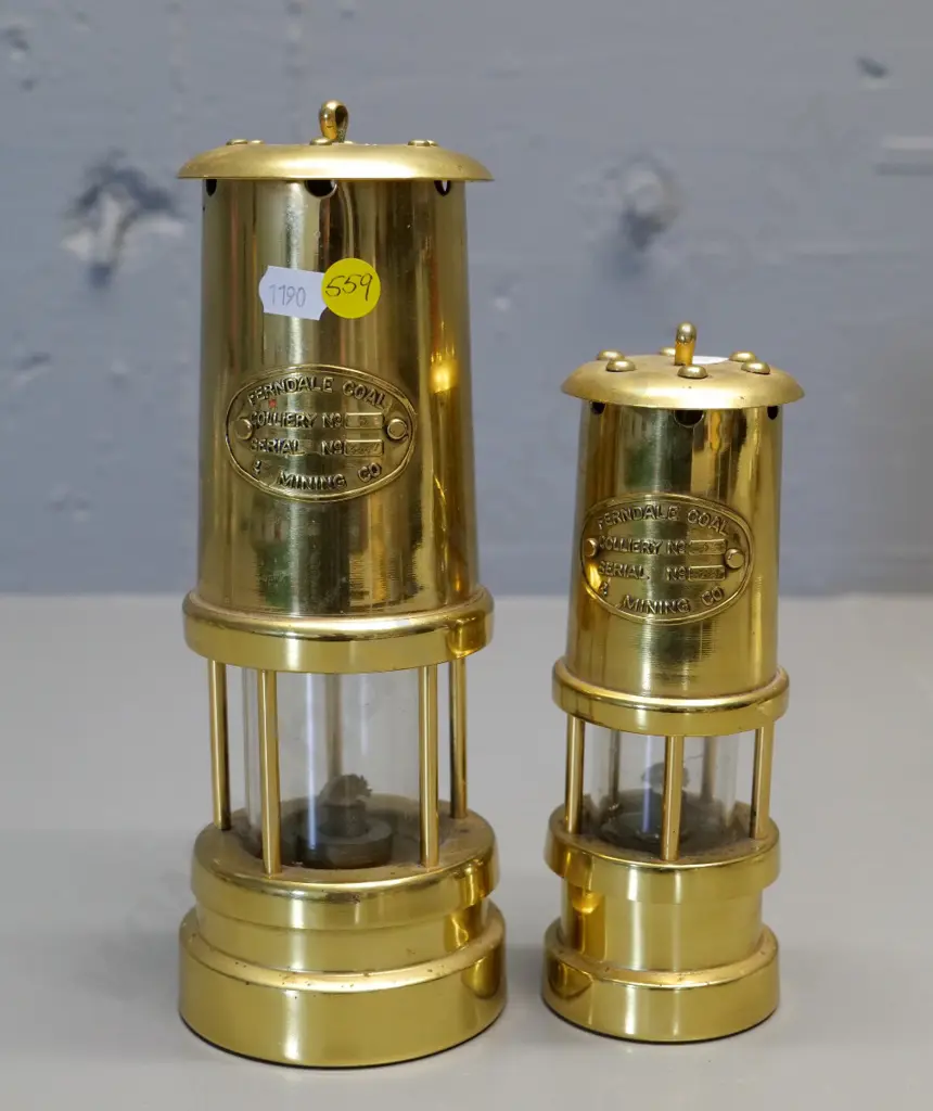 2 reproduction souvenir Ferndale Coal collier lamps, some surface pitting, larger H-230 Image 1++