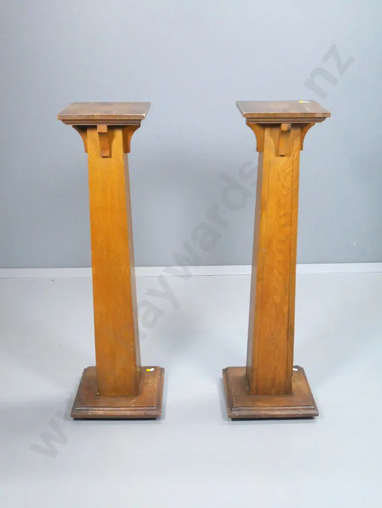 pair of oak deco style display or plant stands - marked Otago Museum on base - small chip, polish wear H-1020 300x300 Image 1++