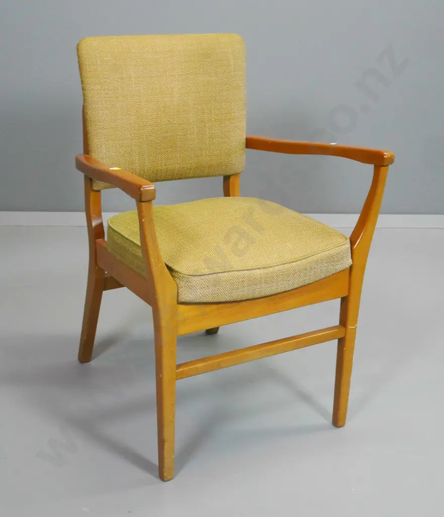 mid-century mahogany framed occasional chair covered in gold tweed fabric H800 W580 D500 Image 1++