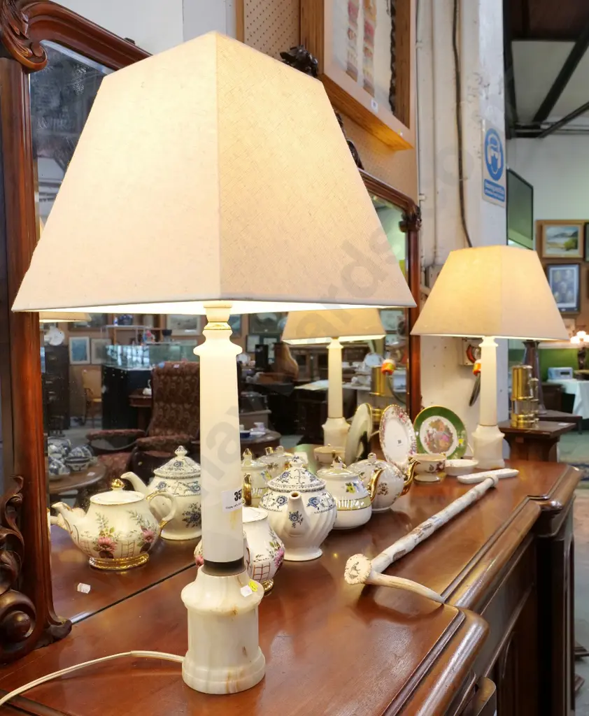 pair of alabaster table lamps with square shades - one lamp missing brass decorative band H-700 Shade 340x340 Image 1++