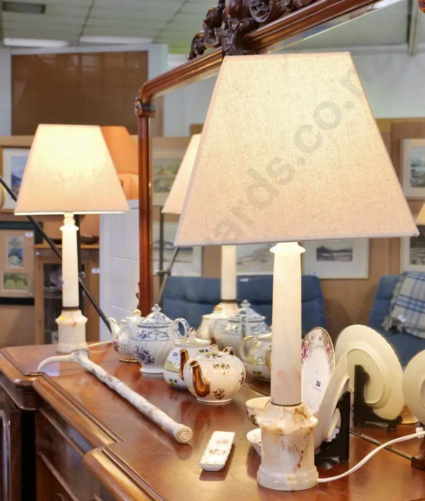 pair of alabaster table lamps with square shades - one lamp missing brass decorative band H-700 Shade 340x340 Image 1++