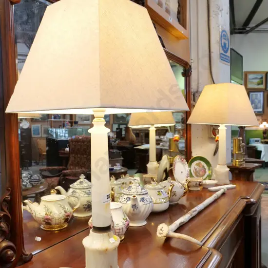 pair of alabaster table lamps with square shades - one lamp missing brass decorative band H-700 Shade 340x340