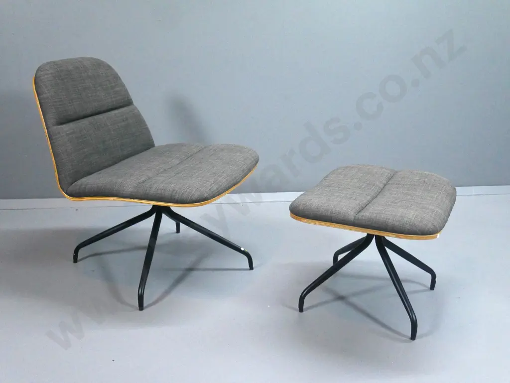 Scandinavian style swivel lounge chair and foot-stool -  grey tweed, laminated wood & metal base. Chair H770 W630 D650 Image 1++