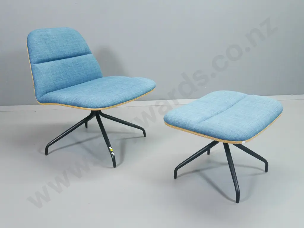 Scandinavian style swivel lounge chair and foot-stool -  blue tweed, laminated wood & metal base. Chair H770 W630 D650 Image 1++