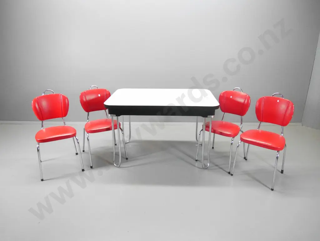 retro formica topped dining table with tubular chrome legs and 4 matching vinyl upholstered chairs H770 L1200 W-800 Image 1++