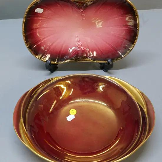 Ascot Crown Lynn gilt and red fish plate L-250 W-160 & a Carlton Ware Rouge Royale bowl L-270 W-220