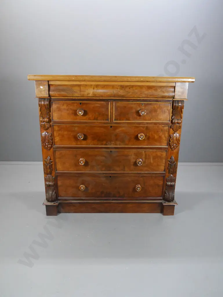 vintage walnut 6-drawer Scotch chest with carved corbels, flame veneer drawer fronts, split to one end H1270 W1300 D550 Image 1++