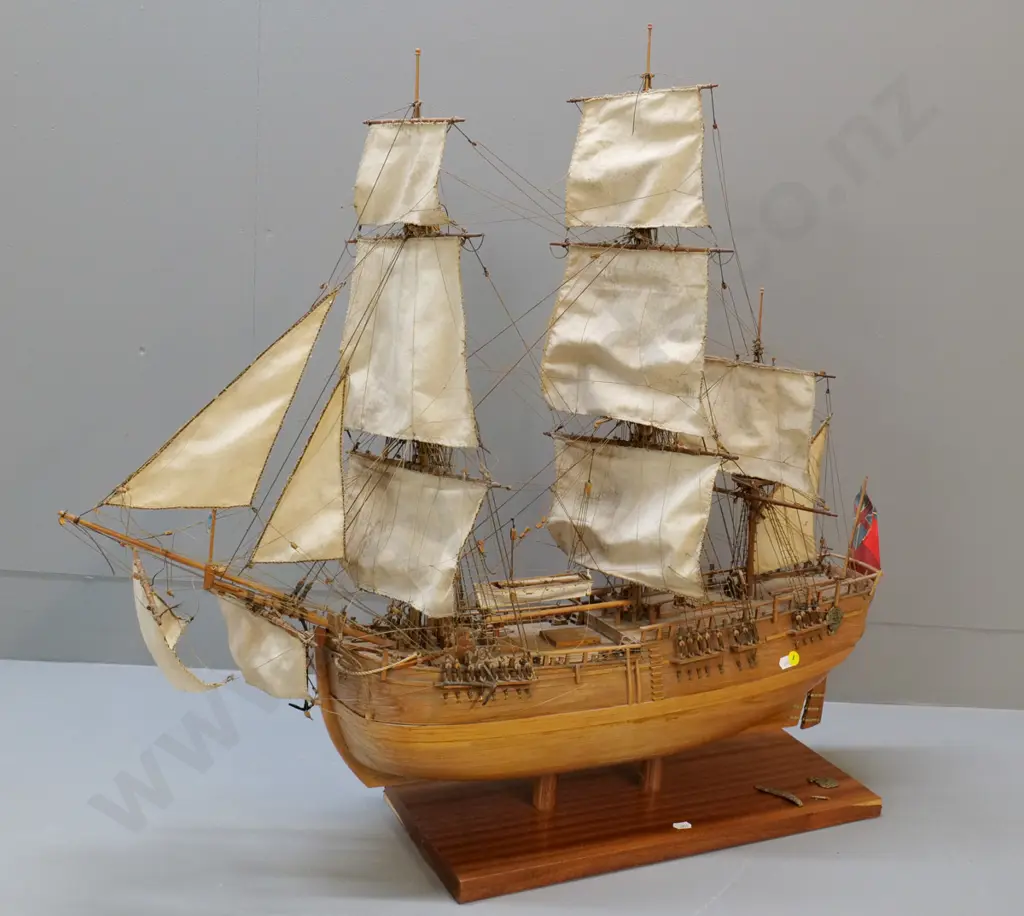 wooden model of 3-masted barque sailing ship w/rigging & sails, wooden base. Rudder & some trim loose. H-760 L-820 W-200 Image 1++
