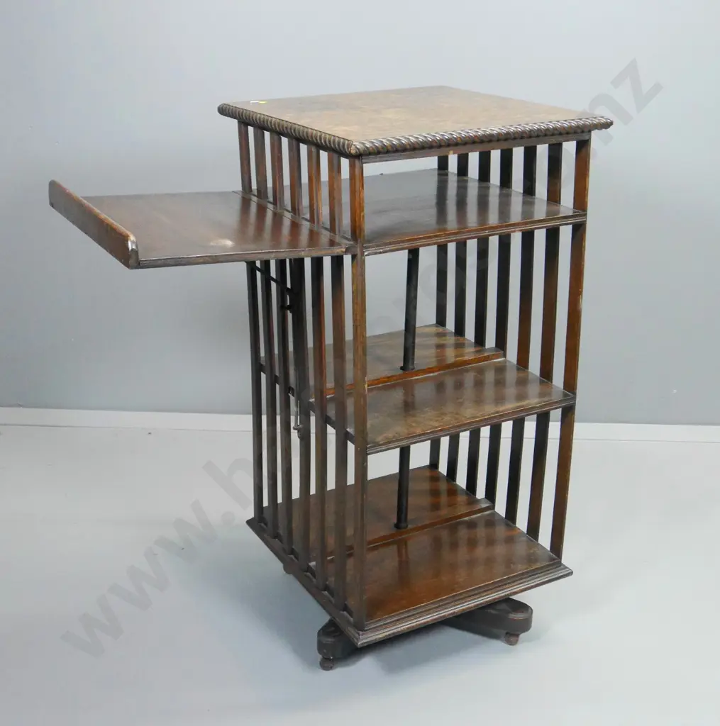 oak swivel 2-sided bookcase / music stand with drop-down reading table flap - split and marks to top H1060 W510 L540 Image 1++