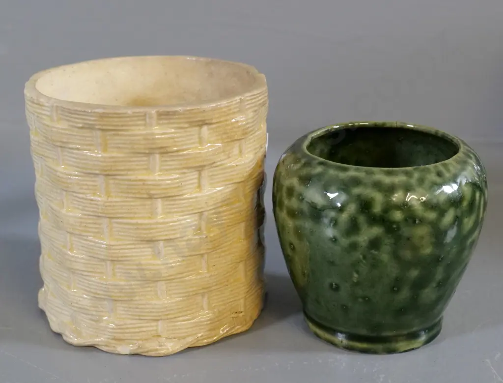studio pottery items - 2 small pots, possibly Luke Adams? Larger w/woven pattern is H-90 D-90 Image 1++