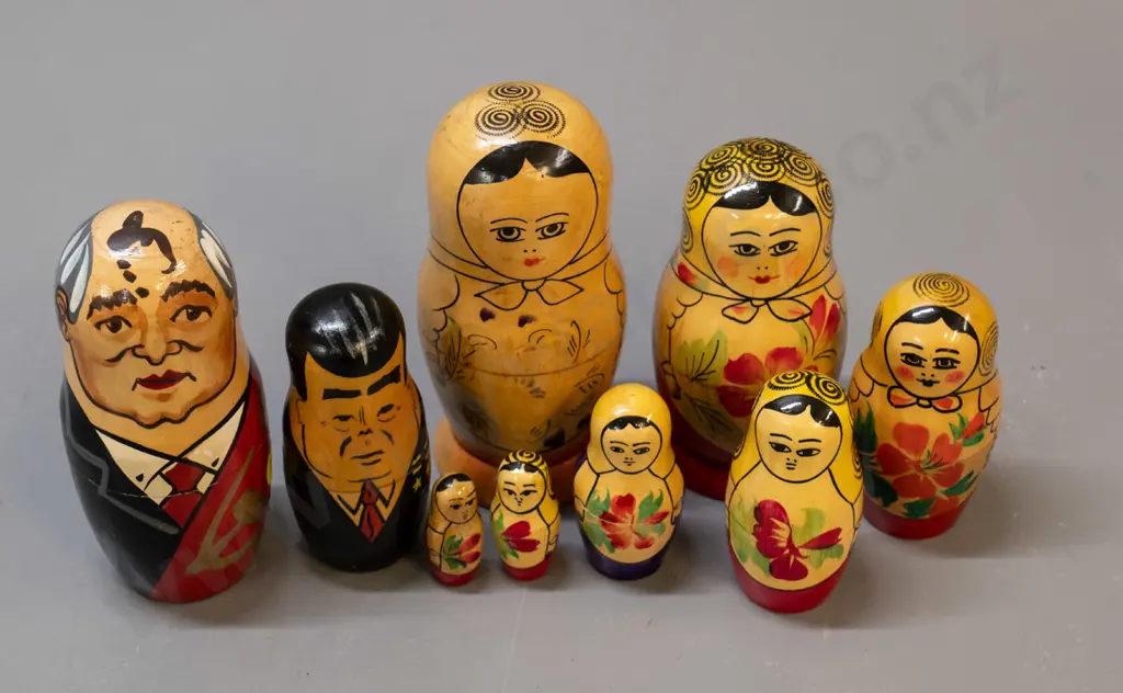 Russian nesting dolls - set of 7 (largest one faded, H-150) plus Gorbachev & Brezhnev characters Image 1++