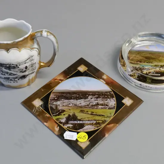 3 pieces souvenir ware - Roxborough ahstray, Clyde jug H100 , Naseby bevelled glass photo plaque