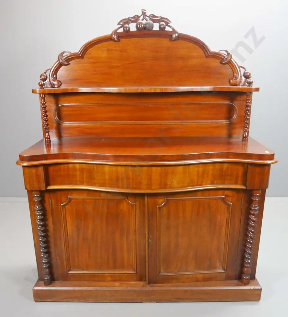 Victorian mahogany bow-front sideboard  - 2 doors, 1 drawer, carved back, Jacobean twist columns H1670 W1380 D500 Image 1++