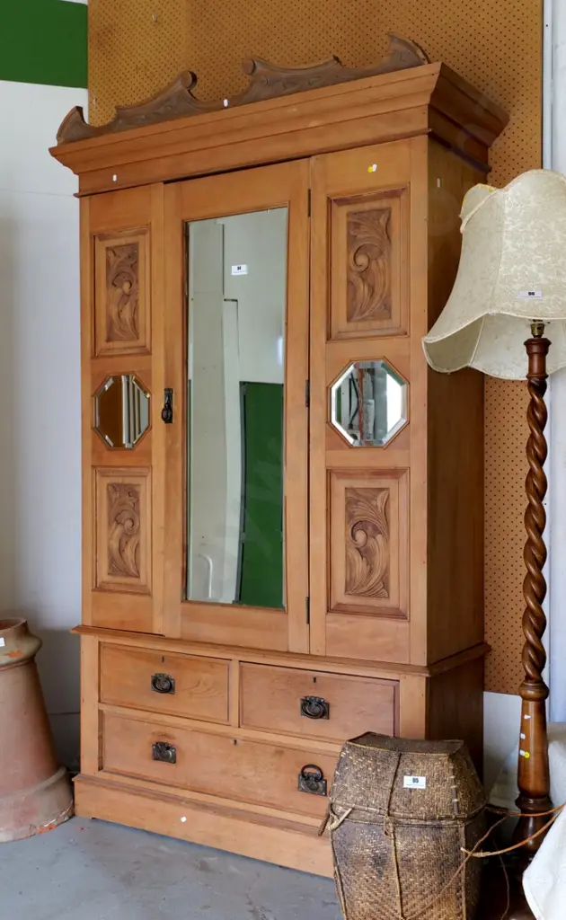 deco oak single door wardrobe w/ carved panels, 3 bevelled mirrors, 3 drawers, one handle needs repair H2250 W1200 D450 Image 1++