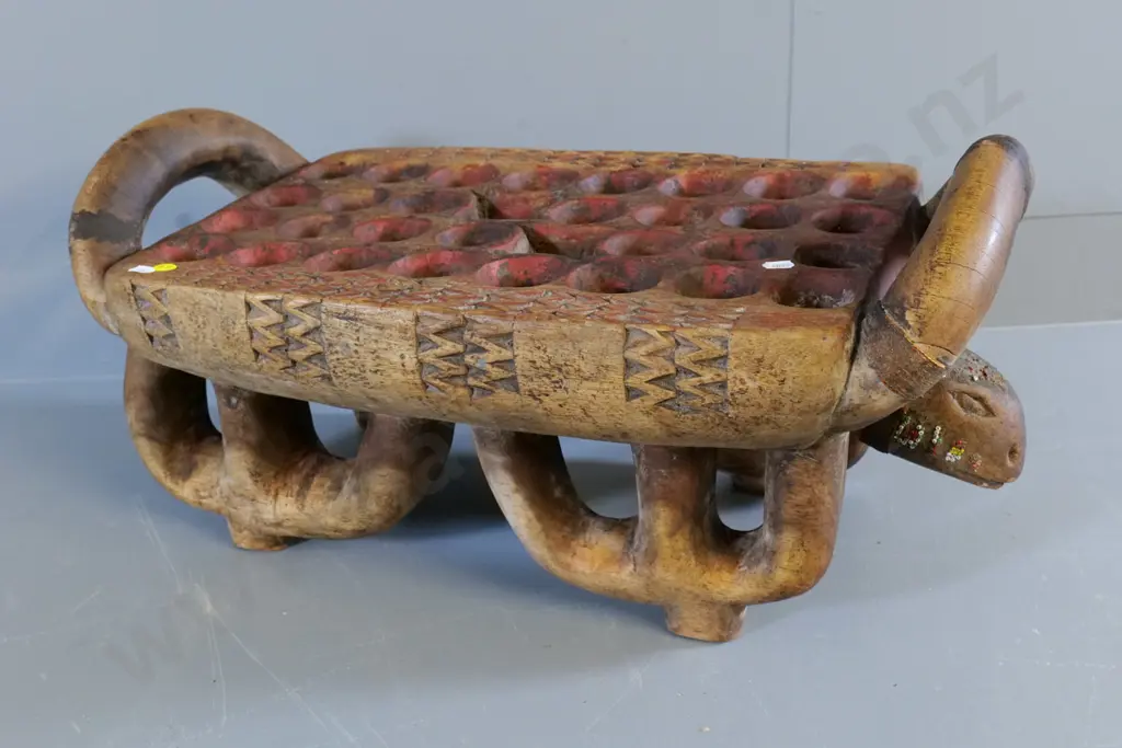 large heavy carved wood mancala game board/table - turtle motif, copper, bead, red paint decoration H290 L590 W330 Image 1++