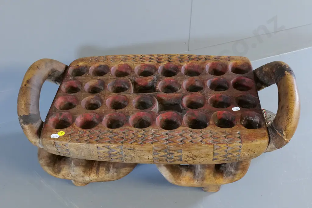 large heavy carved wood mancala game board/table - turtle motif, copper, bead, red paint decoration H290 L590 W330 Image 1++