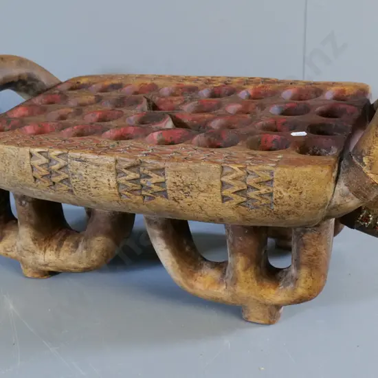 large heavy carved wood mancala game board/table - turtle motif, copper, bead, red paint decoration H290 L590 W330