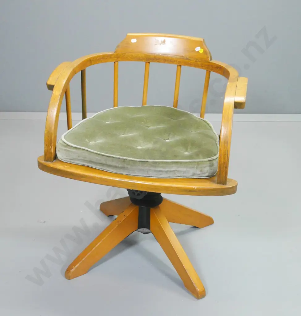vintage oak & mixed timber swivel & tilt captain's style office chair w/loose cushion H740 W600 D480 Image 1++
