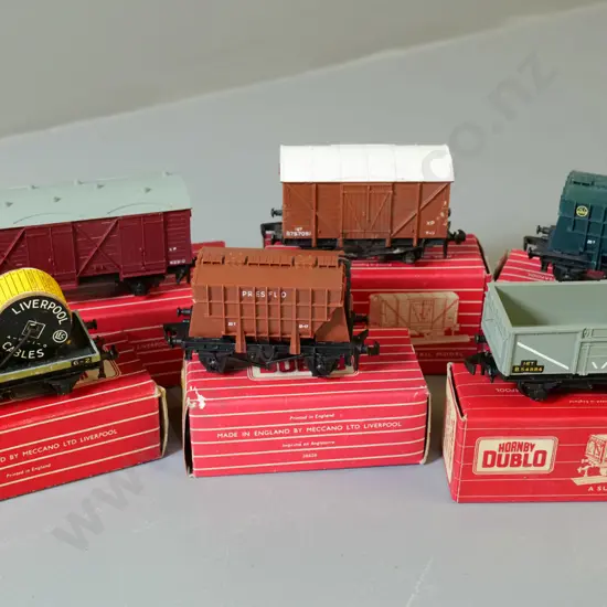 Hornby Dublo OO gauge model railway items - 6 freight wagons - salt, low-sider, cement, etc.