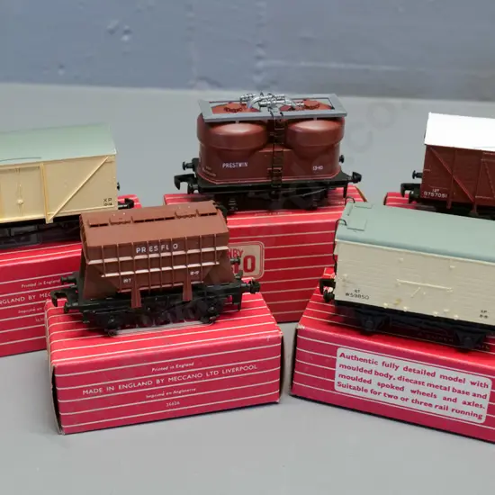 Hornby Dublo OO gauge model railway items - 5 freight wagons - cement wagon, fish van, etc.