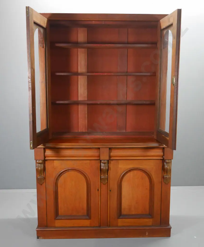 large Victorian walnut sideboard w/display top, carved corbels, some splitting, has borer in back H2220 W1380 D570 Image 1++