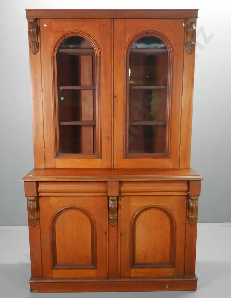 large Victorian walnut sideboard w/display top, carved corbels, some splitting, has borer in back H2220 W1380 D570 Image 1++