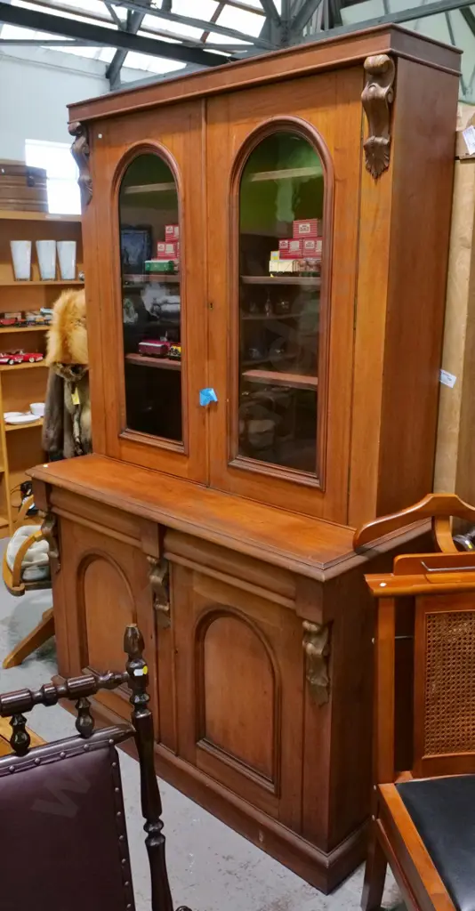 large Victorian walnut sideboard w/display top, carved corbels, some splitting, has borer in back H2220 W1380 D570 Image 1++