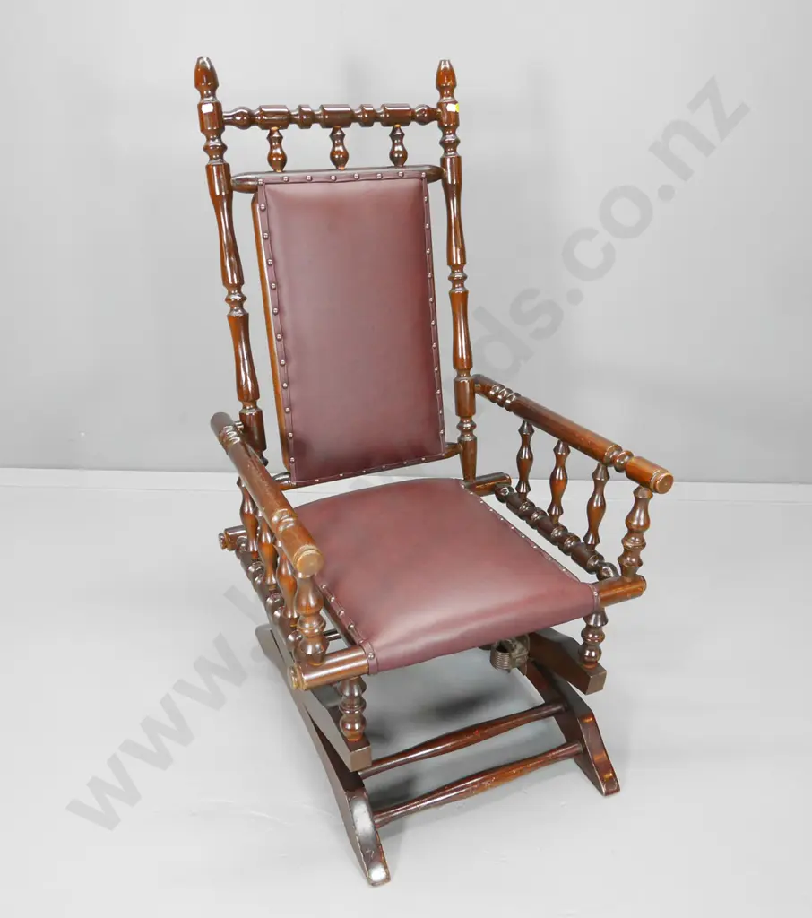 mixed timber Dexter rocking chair with studded burgundy leather H-1080 W-580 D-540 Image 1++