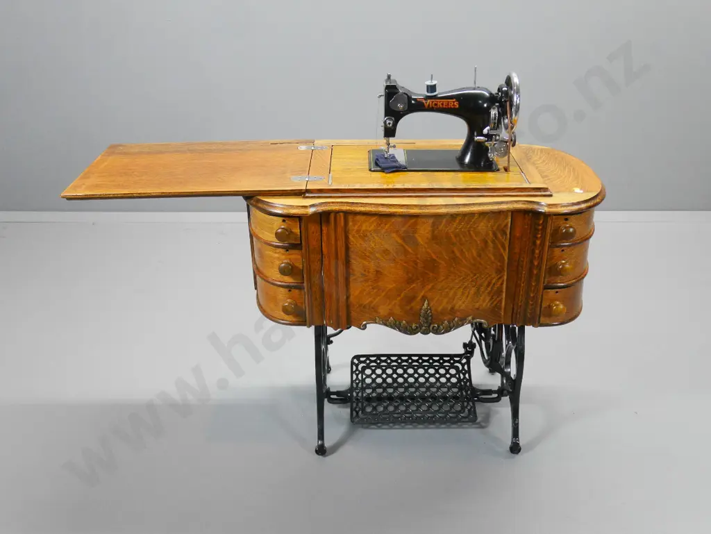 deco oak-cased Vickers treadle sewing machine with 6 drawers, flip-top leaf, knee lever H-780 W-870 D-470 Image 1++