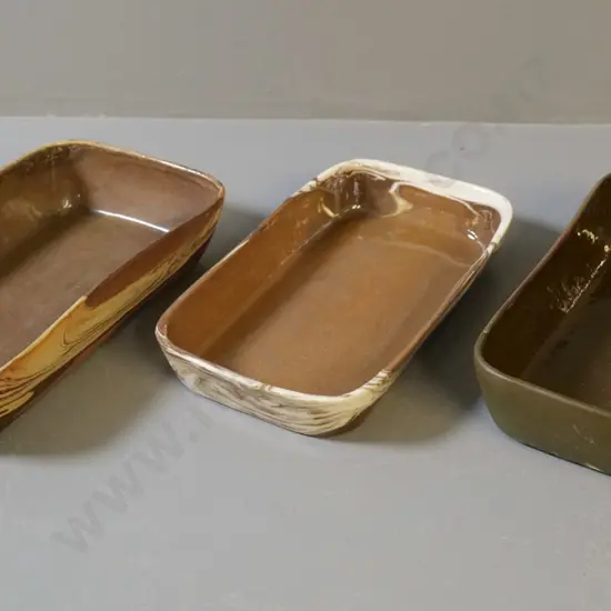 Temuka pottery - 3 Te Rona swirl glaze pie dishes, larger is H40 L220 W110, dark brown has chips on rim