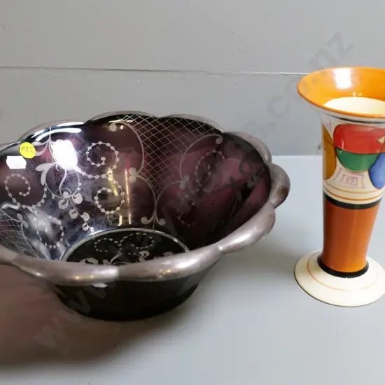 reproduction Clarice Cliff vase H-160 and a silver overly amethyst scalloped-rim glass bowl Diameter 250