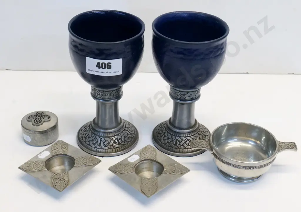 English pewter items - 2 Cornish ceramic goblets with pewter base H200, quaich, trinket & candle holder w/ celtic motifs Image 1++