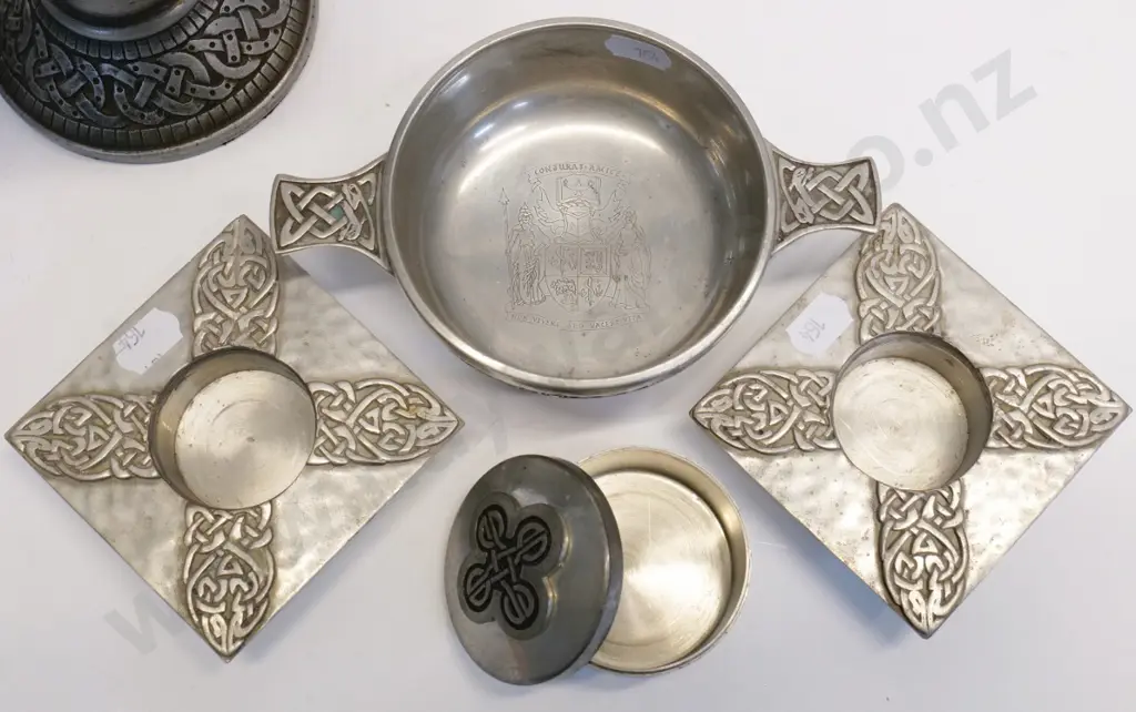 English pewter items - 2 Cornish ceramic goblets with pewter base H200, quaich, trinket & candle holder w/ celtic motifs Image 1++